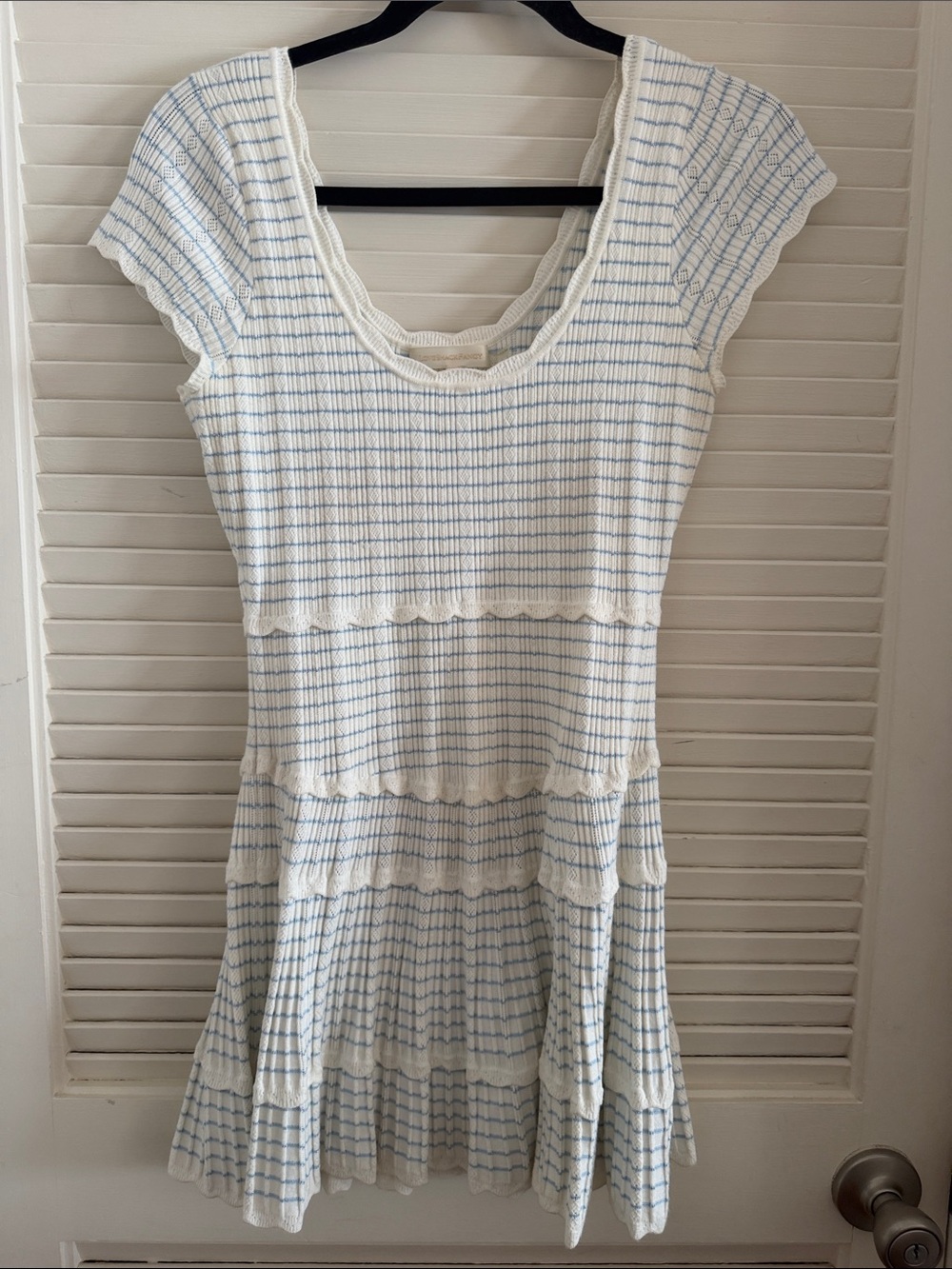 LoveShackFancy Cream and Light Blue Striped Tiered Knit Dress